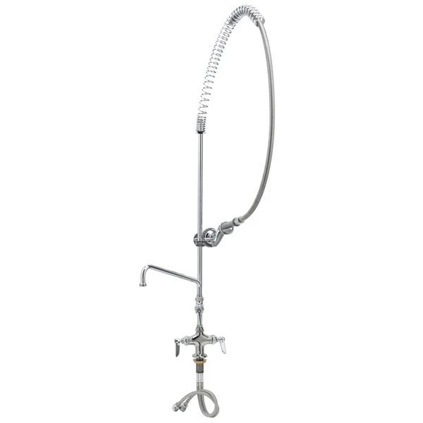 T&S Brass And Bronze Works T&S B-0113-ADF12-BJ EasyInstall Deck Mounted 46 1/2" High Pre-Rinse Faucet With Flex Inlets, Low Flow Spray Valve, 44" Hose, 12" Add-On Faucet, And 6" Wall Bracket