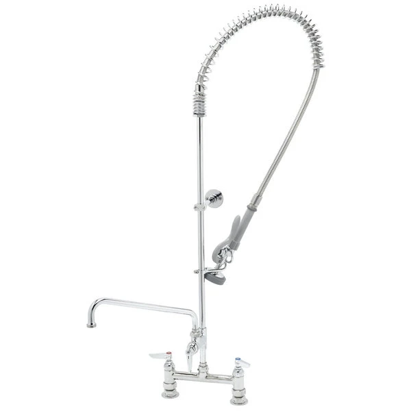 T&S Brass And Bronze Works T&S B-0123-A12-V-BC EasyInstall Deck Mounted 45 1/4" High Pre-Rinse Faucet With Adjustable 8" Centers, Low Flow Spray Valve, 44" Hose, 12" Add-On Faucet, Vacuum Breaker, And 6" Wall Bracket