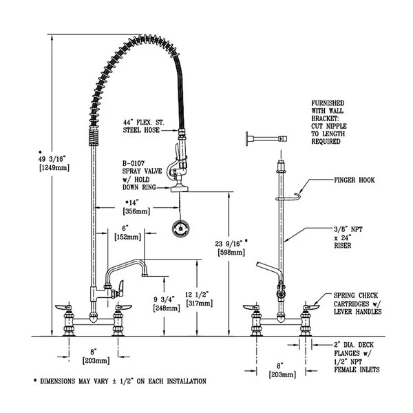 T&S Brass And Bronze Works T&S B-0123-ADF06-B EasyInstall Deck Mounted 49 1/4" High Pre-Rinse Faucet With Adjustable 8" Centers, 44" Hose, 6" Add-On Faucet, And Wall Bracket - Image 2