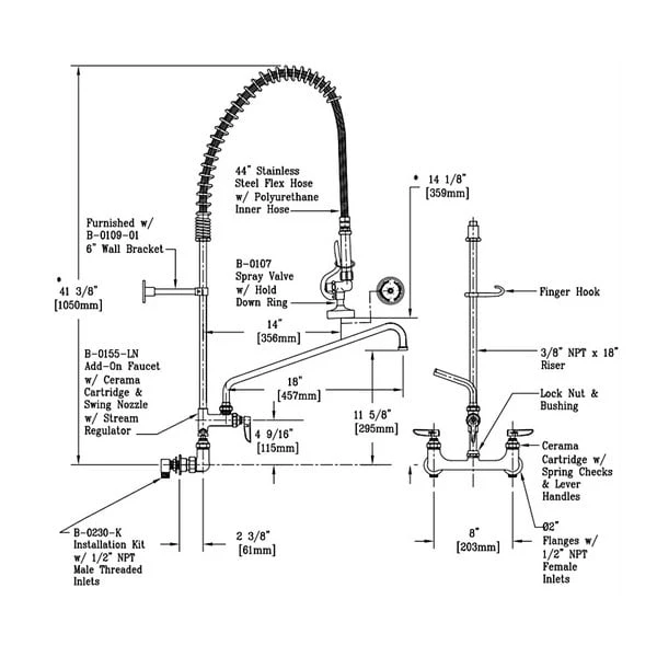 T&S Brass And Bronze Works T&S B-0133-18-CRBEK EasyInstall Wall Mounted 41 1/2" High Pre-Rinse Faucet With Adjustable 8" Centers, 44" Hose, 18" Add-On Faucet, Installation Kit, And 6" Wall Bracket - Image 2