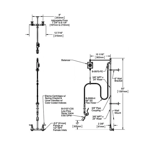 T&S Brass And Bronze Works T&S B-0129-VB Wall Mounted 53" High Pre-Rinse Faucet With Adjustable 8" Centers, Angled Low Flow Spray Valve, Balancer, 68" Hose, Vacuum Breaker, And 6" Wall Bracket - Image 2
