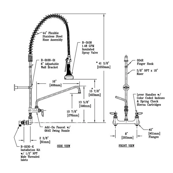 T&S Brass And Bronze Works T&S B-0133-16-B08EL EasyInstall Wall Mounted 41 1/2" High Pre-Rinse Faucet With Adjustable 8" Centers, Ergonomic Spray Valve, 44" Hose, 16" Add-On Faucet, Installation Kit, And 6" Wall Bracket - Image 2