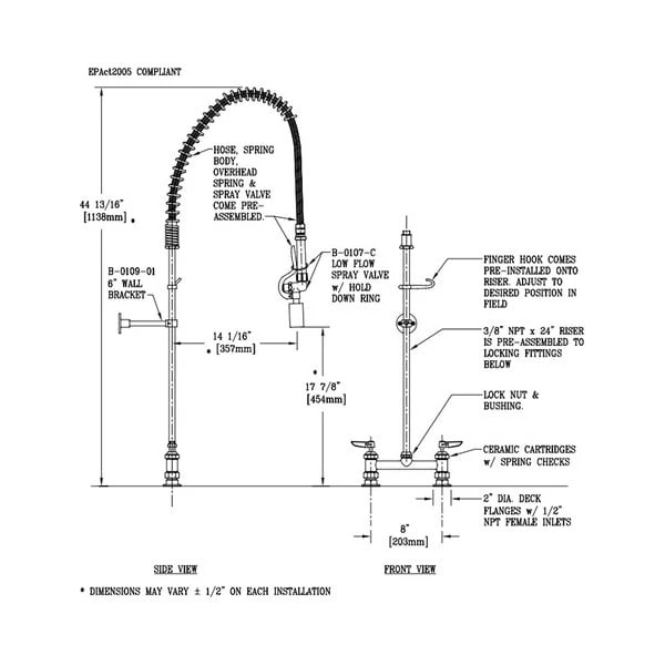 T&S Brass And Bronze Works T&S B-0123-CR-BC EasyInstall Deck Mounted 45" High Pre-Rinse Faucet With Adjustable 8" Centers, Low Flow Spray Valve, 44" Hose, And 6" Wall Bracket - Image 2