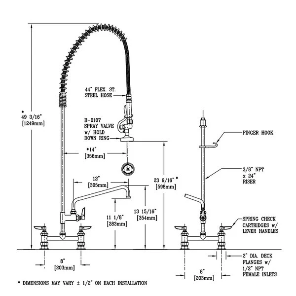 T&S Brass And Bronze Works T&S B-0123-ADF12 EasyInstall Deck Mounted 49 1/4" High Pre-Rinse Faucet With Adjustable 8" Centers, 44" Hose, And 12" Add-On Faucet - Image 2
