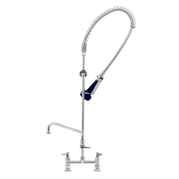 T&S Brass And Bronze Works T&S B-0123-A10-B08C EasyInstall Deck Mounted 46" High Pre-Rinse Faucet With Adjustable 8" Centers, Ergonomic Low Flow Spray Valve, 44" Hose, 10" Add-On Faucet, And 6" Wall Bracket