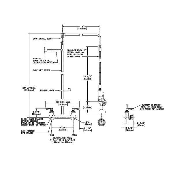 T&S Brass And Bronze Works T&S B-0132 Wall Mounted 35 7/8" High Pre-Rinse Faucet With Adjustable 8" Centers, Swivel Arm, 26" Hose, And 6" Wall Bracket - Image 2