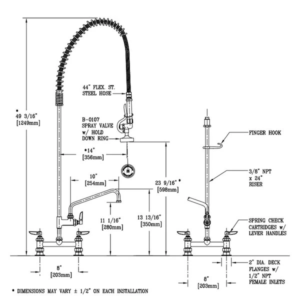 T&S Brass And Bronze Works T&S B-0123-ADF10 EasyInstall Deck Mounted 49 1/4" High Pre-Rinse Faucet With Adjustable 8" Centers, 44" Hose, And 10" Add-On Faucet - Image 2