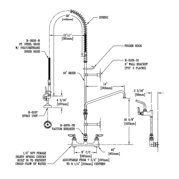 T&S Brass And Bronze Works T&S B-0133-063X EasyInstall Wall Mounted Pre-Rinse Faucet With Adjustable 8" Centers, 56" Hose, 14" Add-On Faucet, Vacuum Breaker, And 6" Wall Bracket - Image 5