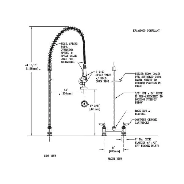T&S Brass And Bronze Works T&S B-0123-CR EasyInstall Deck Mounted 45" High Pre-Rinse Faucet With Adjustable 8" Centers, And 44" Hose 4 T&S Brass And Bronze Works T&S B-0123-CR EasyInstall Deck Mounted 45" High Pre-Rinse Faucet With Adjustable 8" Centers, And 44" Hose - Image 2