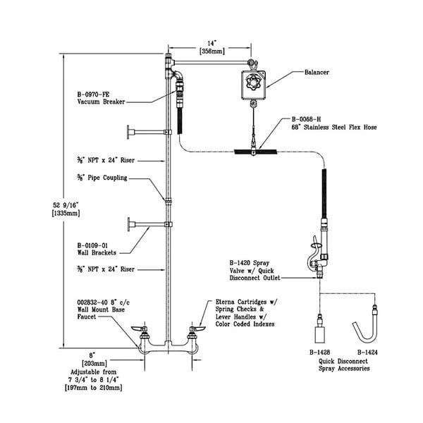 T&S Brass And Bronze Works T&S B-0130 Wall Mounted 53" High Pre-Rinse Faucet With Adjustable 8" Centers, Quick Connect Spray Valve, Balancer, 68" Hose, Vacuum Breaker, And 6" Wall Bracket - Image 2