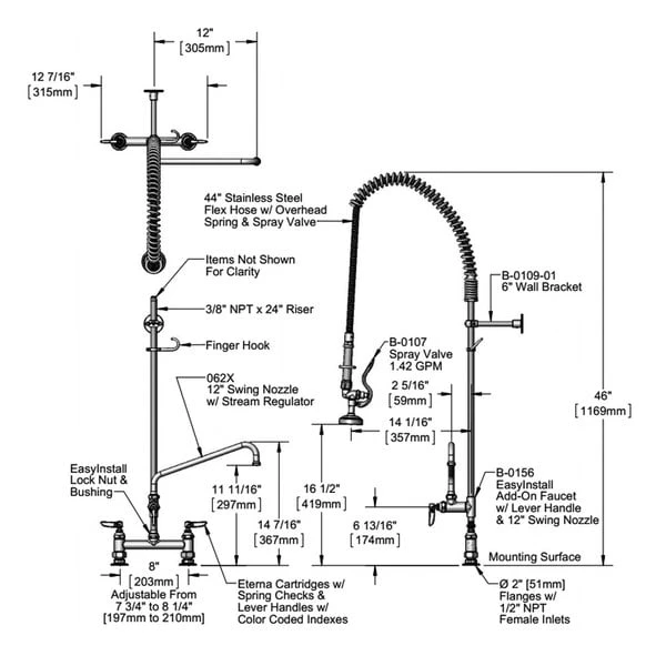 T&S Brass And Bronze Works T&S B-0123-ADF12-B EasyInstall Deck Mounted 49 1/4" High Pre-Rinse Faucet With Adjustable 8" Centers, 44" Hose, 12" Add-On Faucet, And Wall Bracket - Image 2