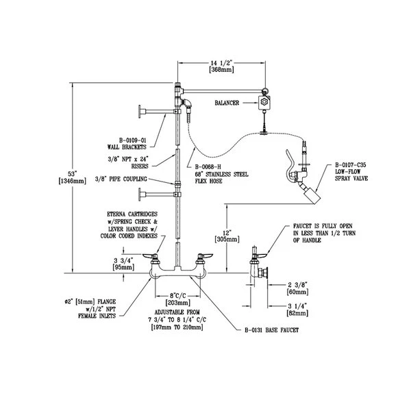T&S Brass And Bronze Works T&S B-0129 Wall Mounted 53" High Pre-Rinse Faucet With Adjustable 8" Centers, Angled Low Flow Spray Valve, Balancer, 68" Hose, And 6" Wall Bracket - Image 2