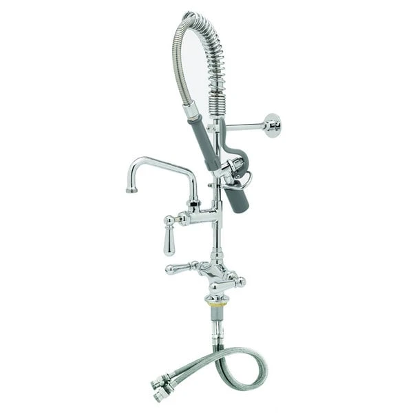 T&S Brass And Bronze Works T&S MPW-2DCN-06 EasyInstall Deck Mounted 24 3/4" High Mini Pre-Rinse Faucet With Flex Inlets, Angled Low Flow Spray Valve, Club Handles, 24" Hose, 6" Add-On Faucet, And 6" Wall Bracket