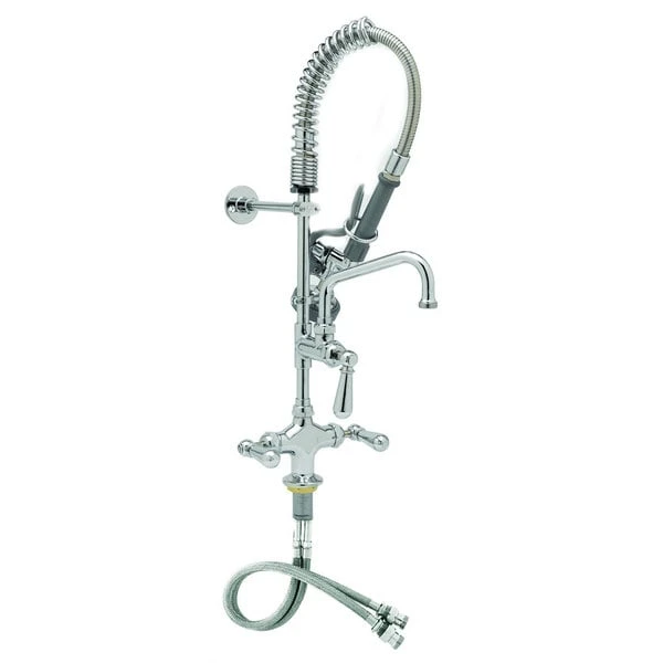 T&S Brass And Bronze Works T&S MPX-2DCN-08-CR EasyInstall Deck Mounted 24 13/16" High Mini Pre-Rinse Faucet With Flex Inlets, Angled Spray Valve, Club Handles, 24" Hose, 8" Add-On Faucet, And 6" Wall Bracket