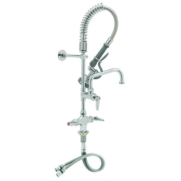 T&S Brass And Bronze Works T&S MPX-2DLN-08 EasyInstall Deck Mounted 24 13/16" High Mini Pre-Rinse Faucet With Flex Inlets, Angled Spray Valve, 24" Hose, 8" Add-On Faucet, And 6" Wall Bracket