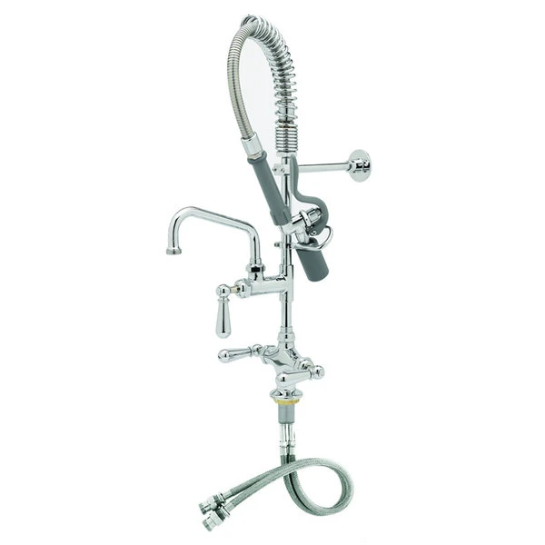 T&S Brass And Bronze Works T&S MPY-2DCV-08 EasyInstall Deck Mounted 22 1/2" High Mini Pre-Rinse Faucet With Flex Inlets, Low Flow Spray Valve, Club Handles, 24" Hose, 8" Add-On Faucet, Vacuum Breaker, And 6" Wall Bracket