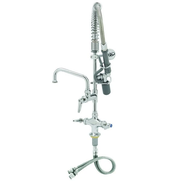 T&S Brass And Bronze Works T&S MPY-2DLV-08 EasyInstall Deck Mounted 23 3/4" High Mini Pre-Rinse Faucet With Flex Inlets, Low Flow Spray Valve, 24" Hose, 8" Add-On Faucet, Vacuum Breaker, And 6" Wall Bracket