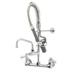 T&S Brass And Bronze Works T&S MPY-8WCN-06-CR EasyInstall Wall Mounted 22 1/4" High Mini Pre-Rinse Faucet With Adjustable 8" Centers, Low Flow Spray Valve, Club Handles, 24" Hose, 6" Add-On Faucet, And 6" Wall Bracket