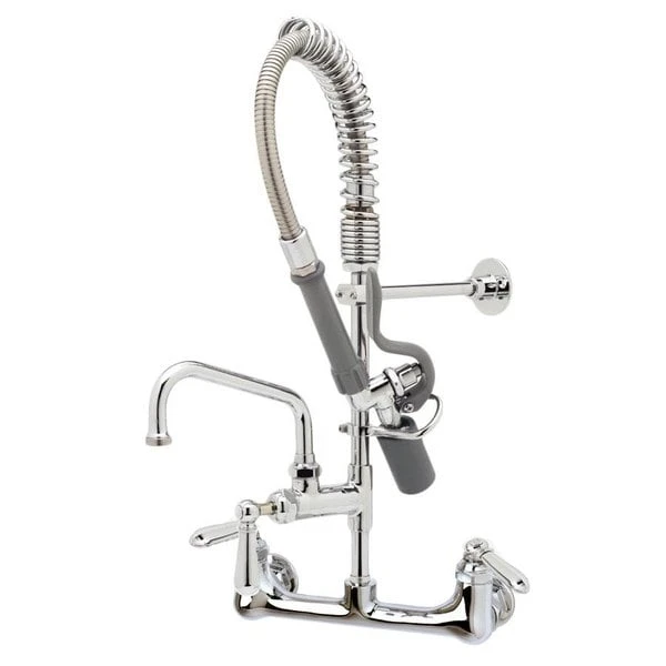 T&S Brass And Bronze Works T&S MPY-8WCN-06-CR EasyInstall Wall Mounted 22 1/4" High Mini Pre-Rinse Faucet With Adjustable 8" Centers, Low Flow Spray Valve, Club Handles, 24" Hose, 6" Add-On Faucet, And 6" Wall Bracket