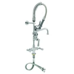 T&S Brass And Bronze Works T&S MPZ-2DCN-08 EasyInstall Deck Mounted 24 13/16" High Mini Pre-Rinse Faucet With Flex Inlets, Club Handles, 24" Hose, 8" Add-On Faucet, And 6" Wall Bracket