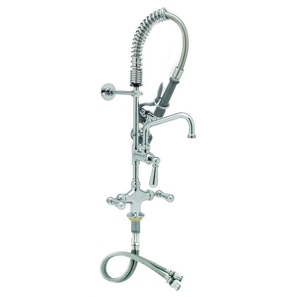 T&S Brass And Bronze Works T&S MPZ-2DCN-08 EasyInstall Deck Mounted 24 13/16" High Mini Pre-Rinse Faucet With Flex Inlets, Club Handles, 24" Hose, 8" Add-On Faucet, And 6" Wall Bracket