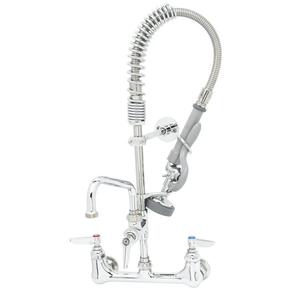 T&S Brass And Bronze Works T&S MPZ-8WCN-08 EasyInstall Wall Mounted 22 1/8" High Mini Pre-Rinse Faucet With Adjustable 8" Centers, Club Handles, 24" Hose, 8" Add-On Faucet, And 6" Wall Bracket