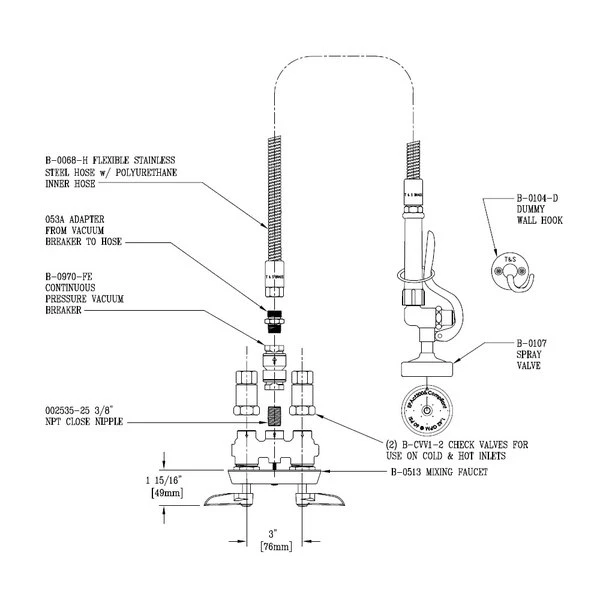 T&S Brass And Bronze Works T&S B-0519 Concealed Mixing Faucet With 3" Centers, B-0107 Spray Valve, 68" Hose, Wall Hook, Vacuum Breaker, And Check Valves - Image 2
