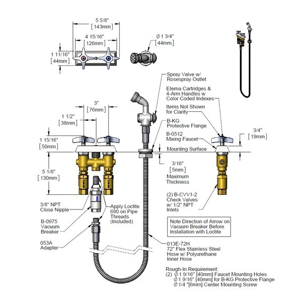 T&S Brass And Bronze Works T&S B-0512-0101-CV Concealed Mixing Faucet With 3" Centers, 002857-40 Spray Valve, 72" Hose, Vacuum Breaker, And Check Valves