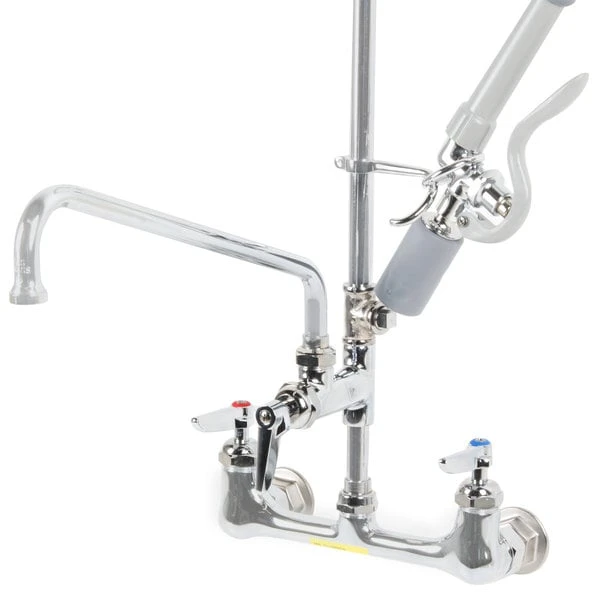 T&S Brass And Bronze Works T&S B-0133-12CRBJST EasyInstall Wall Mounted 39 1/2" High Pre-Rinse Faucet With Adjustable 8" Centers, Low Flow Swivel Spray Valve, 44" Hose, 12" Add-On Faucet, Installation Kit, Tee Assembly, And 6" Wall Bracket - Image 2