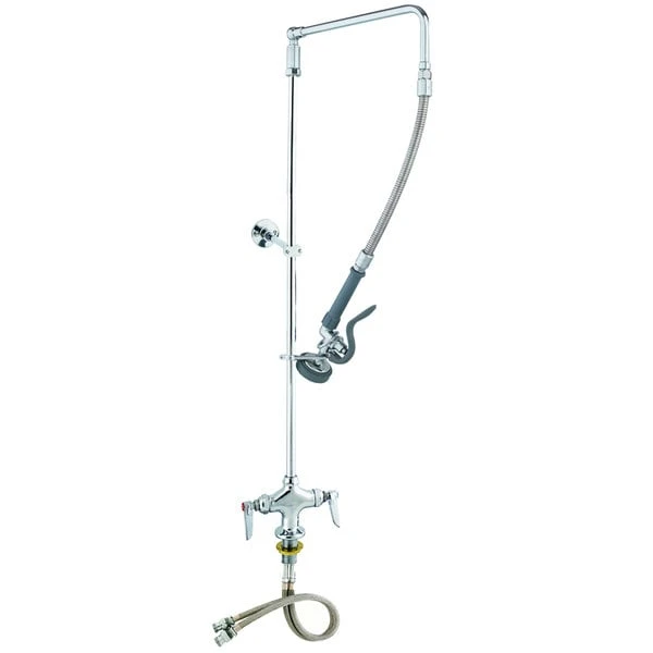 T&S Brass And Bronze Works T&S B-0111-BC EasyInstall Deck Mounted 39" High Pre-Rinse Faucet With Flex Inlets, Low Flow Spray Valve, Swivel Arm, 20" Hose, And 6" Wall Bracket
