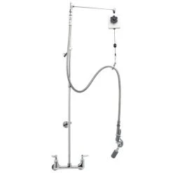 T&S Brass And Bronze Works T&S B-0128-VB Deck Mounted 55" High Pre-Rinse Faucet With Adjustable 8" Centers, Angled Low Flow Spray Valve, Balancer, 68" Hose, Vacuum Breaker, And 6" Wall Bracket