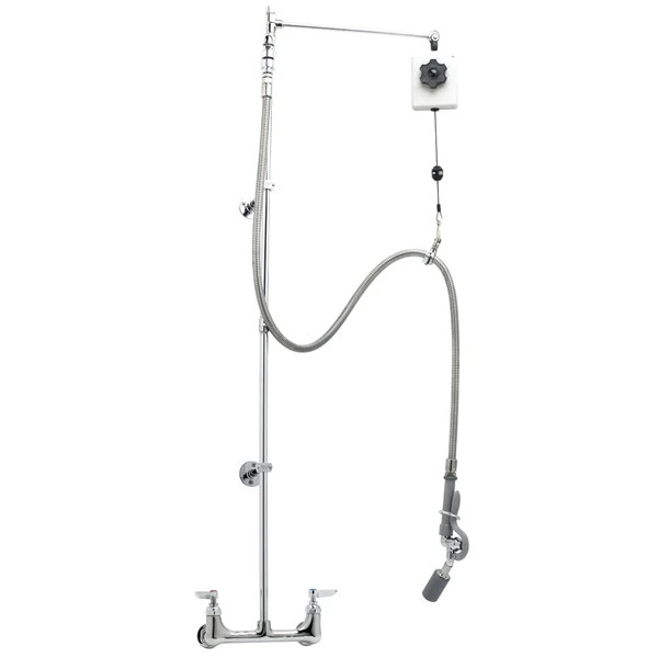 T&S Brass And Bronze Works T&S B-0128-VB Deck Mounted 55" High Pre-Rinse Faucet With Adjustable 8" Centers, Angled Low Flow Spray Valve, Balancer, 68" Hose, Vacuum Breaker, And 6" Wall Bracket