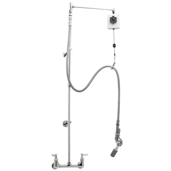 T&S Brass And Bronze Works T&S B-2279 EasyInstall Deck Mounted 55" High Pre-Rinse Faucet With Adjustable 8" Centers, Angled Low Flow Spray Valve, Balancer, 68" Hose, Vacuum Breaker, 6" Wall Bracket, And Installation Kit