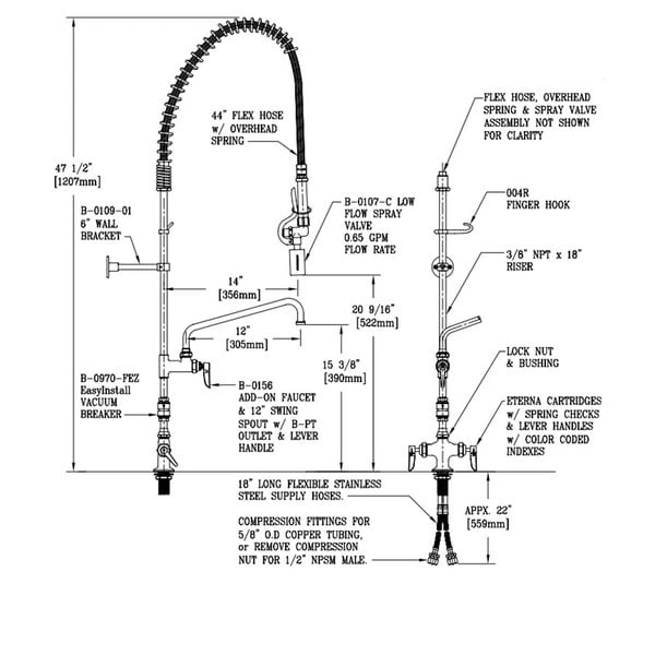 T&S Brass And Bronze Works T&S B-0113-A12-08C EasyInstall Deck Mounted 46 1/4" High Pre-Rinse Faucet With Flex Inlets, Ergonomic Low Flow Spray Valve, 44" Hose, And 12" Add-On Faucet - Image 2