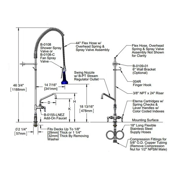 T&S Brass And Bronze Works T&S B-0113-A08-B08 EasyInstall Deck Mounted 46 1/4" High Pre-Rinse Faucet With Flex Inlets, Ergonomic Spray Valve, 44" Hose, 8" Add-On Faucet, And 6" Wall Bracket - Image 2
