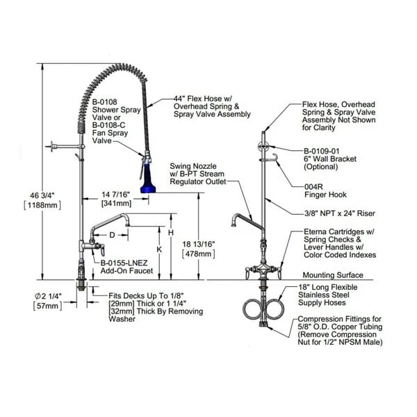 T&S Brass And Bronze Works T&S B-0113-A08-B08C EasyInstall Deck Mounted 46 1/4" High Pre-Rinse Faucet With Flex Inlets, Ergonomic Low Flow Spray Valve, 44" Hose, 8" Add-On Faucet, And 6" Wall Bracket - Image 2