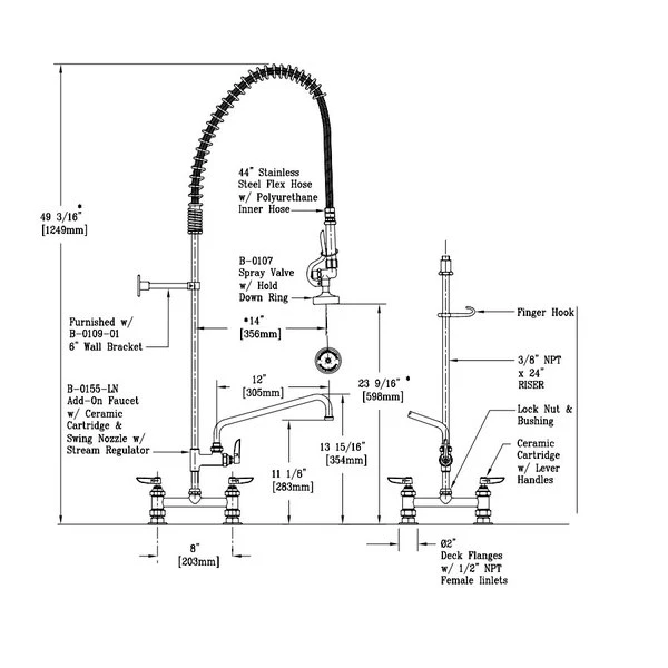 T&S Brass And Bronze Works T&S B-0123-12-CR-B EasyInstall Deck Mounted 49 1/4" High Pre-Rinse Faucet With Adjustable 8" Centers, 44" Hose, 12" Add-On Faucet, And 6" Wall Bracket - Image 2