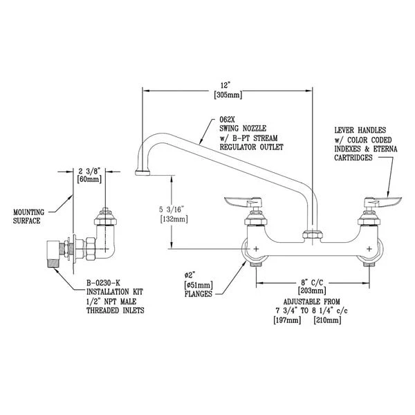 T&S Brass And Bronze Works T&S B-0231-02 Wall Mounted Pantry Faucet With 8" Adjustable Centers, 12" Swing Nozzle, Eterna Cartridges, And Installation Kit - Image 2