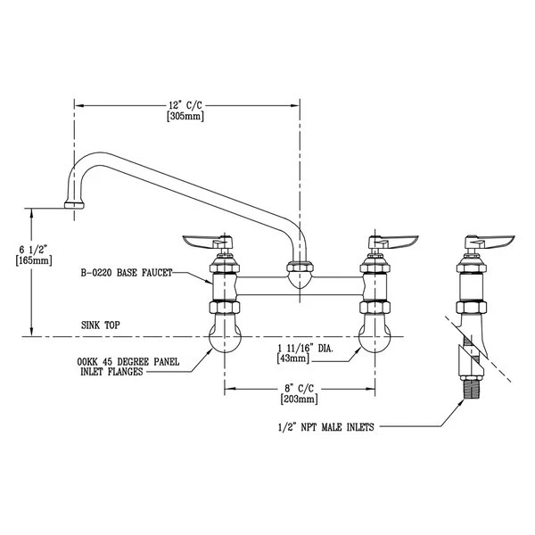 T&S Brass And Bronze Works T&S B-0221-KK Deck Mounted Faucet With 12" Swing Nozzle, 8" Centers, 23.09 GPM Stream Regulator Outlet, Eterna Cartridges, And Lever Handles - Image 2