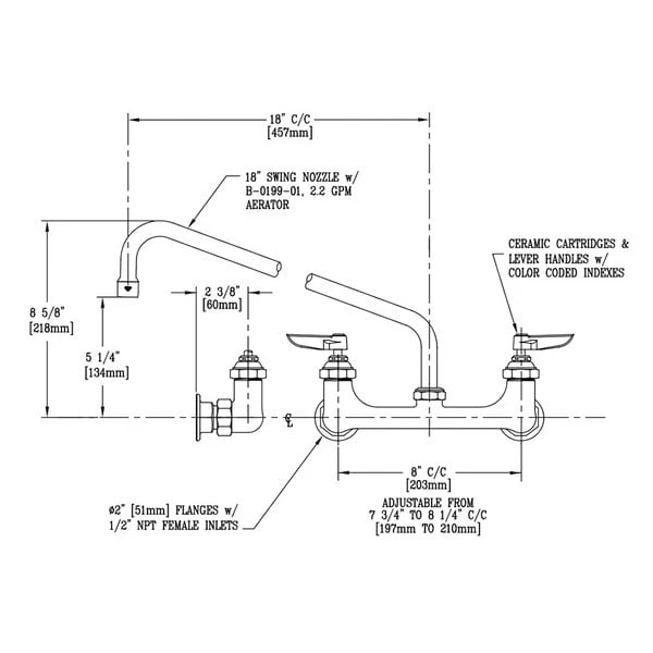 T&S Brass And Bronze Works T&S B-0230-CR-02 Wall Mounted Pantry Faucet With 8" Adjustable Centers, 18" Swing Nozzle, And Cerama Cartridges - Image 2