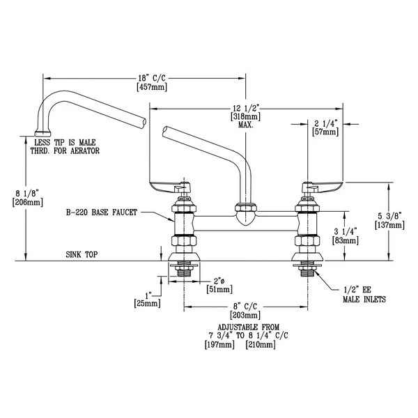 T&S Brass And Bronze Works T&S B-0220-EE Deck Mounted Faucet With 18" Swing Nozzle, 8" Adjustable Centers, 18.39 GPM Stream Regulator Outlet, Eterna Cartridges, And Lever Handles - Image 2