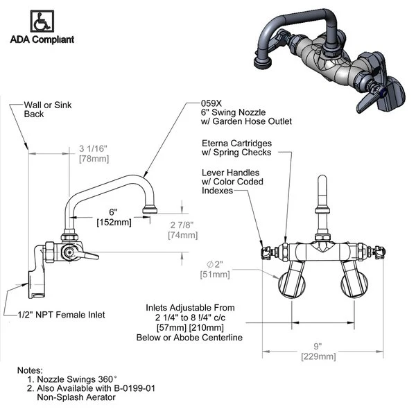 T&S Brass And Bronze Works T&S B-0238 Wall Mounted Pantry Faucet With Adjustable Centers, 6" Swing Nozzle With Garden Hose Outlet, And Eterna Cartridges - Image 2