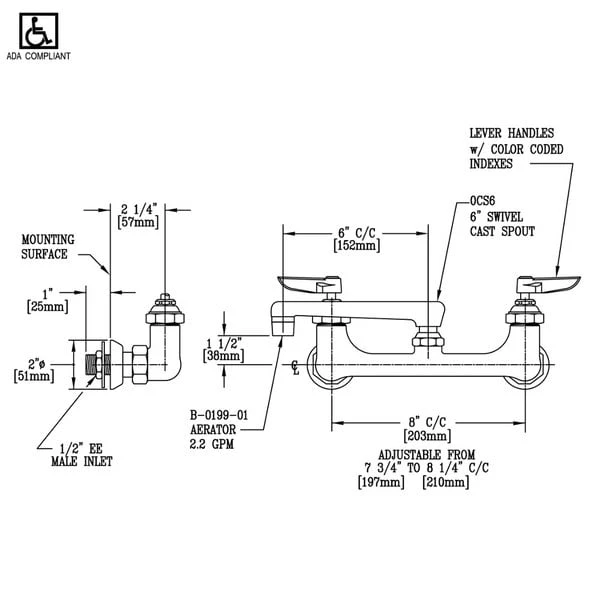 T&S Brass And Bronze Works T&S B-0234-EE Wall Mounted Pantry Faucet With 8" Adjustable Centers, 6" Cast Swing Spout, And EE Connections - Image 2