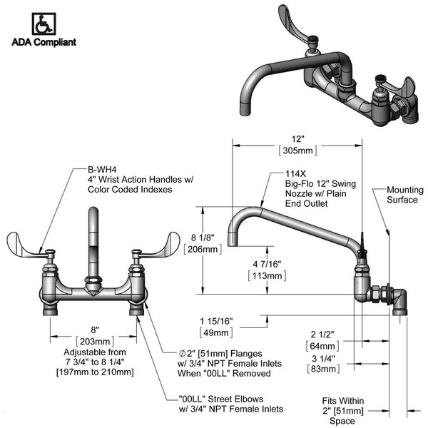 T&S Brass And Bronze Works T&S B-0290-04 Wall Mount Kettle And Pot Sink Mixing Faucet With 8" Adjustable Centers, 12" Big Flo Swing Nozzle, And 00LL Street Elbows - Image 2