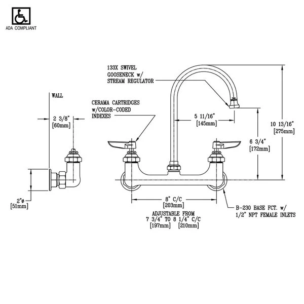 T&S Brass And Bronze Works T&S B-0331-CR Wall Mounted Faucet With 8" Adjustable Centers, 5 11/16" Swivel Gooseneck, And Cerama Cartridges - Image 2