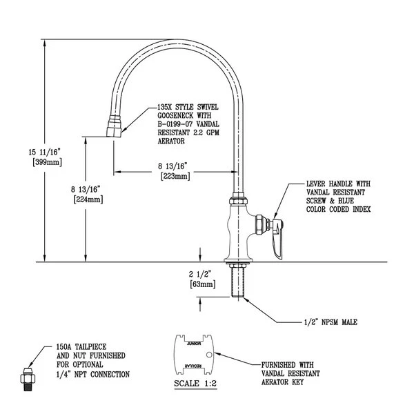 T&S Brass And Bronze Works T&S B-0304 Vandal Resistant Deck Mount Single Temperature Ledge Faucet With Single Supply And 8 13/16" Gooseneck Spout - Image 2