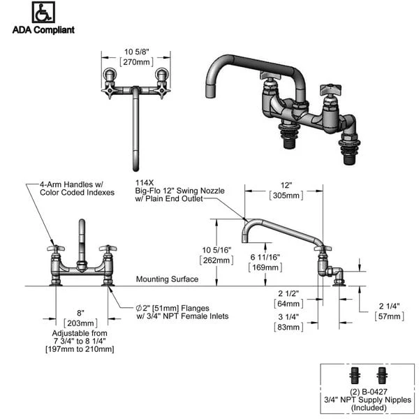 T&S Brass And Bronze Works T&S B-0293-01 Wall Mount Kettle And Pot Sink Mixing Faucet With 8" Adjustable Centers, 12" Big Flo Swing Nozzle, 4 Arm Handles, And Supply Nipples - Image 2