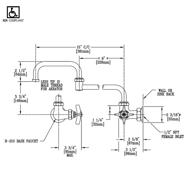 T&S Brass And Bronze Works T&S B-0261 Wall Mount Single Sink Faucet With Single Supply, 15" Double Joint Nozzle, And 4 Arm Handle - Image 2