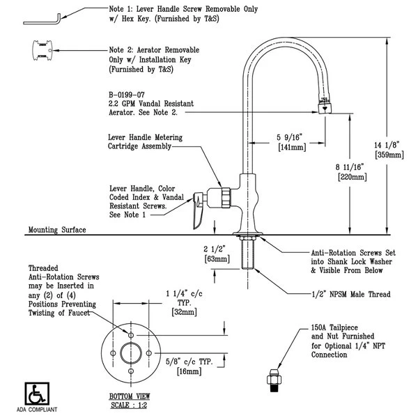 T&S Brass And Bronze Works T&S B-0305-03 Vandal Resistant Deck Mount Pantry Faucet With Single Supply And 5 9/16" Gooseneck Spout 4 T&S Brass And Bronze Works T&S B-0305-03 Vandal Resistant Deck Mount Pantry Faucet With Single Supply And 5 9/16" Gooseneck Spout - Image 2