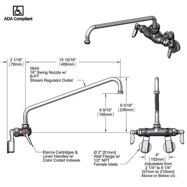 T&S Brass And Bronze Works T&S B-0239 Wall Mounted Pantry Faucet With Adjustable Centers, 16" Swing Nozzle, And Eterna Cartridges - Image 2
